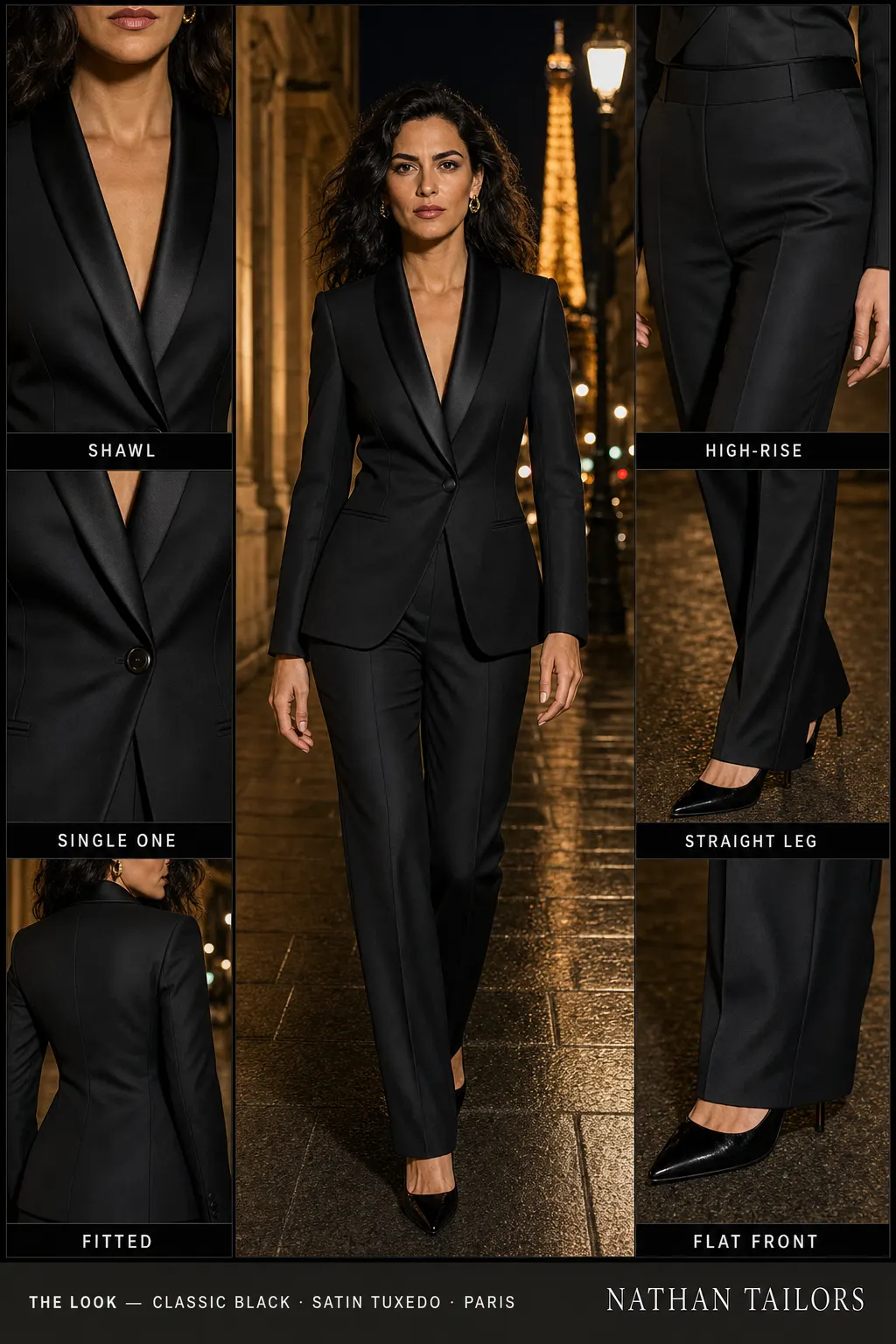 fitted women's pant suit in classic black — AI-rendered by Nathan Tailors, made to measure for women and shipped worldwide.