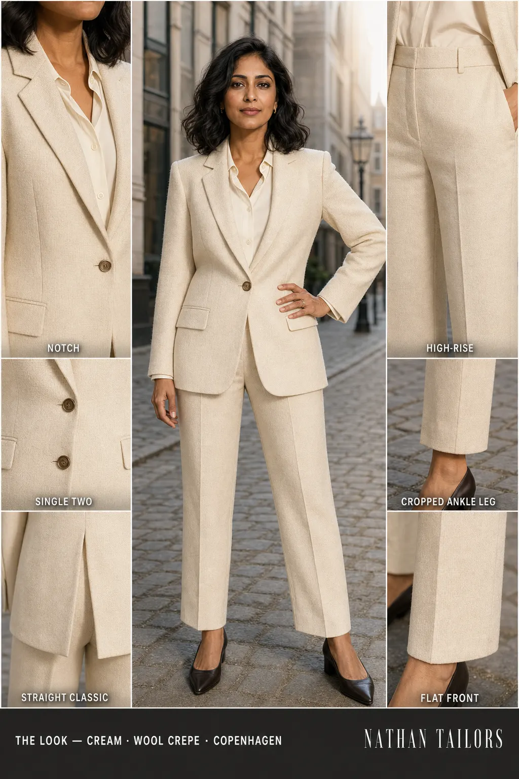 straight classic tweed texture women's pant suit in cream — AI-rendered by Nathan Tailors, made to measure for women and shipped worldwide.