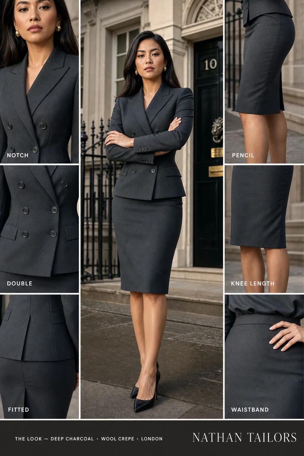 fitted women's skirt suit in deep charcoal — AI-rendered by Nathan Tailors, made to measure for women and shipped worldwide.