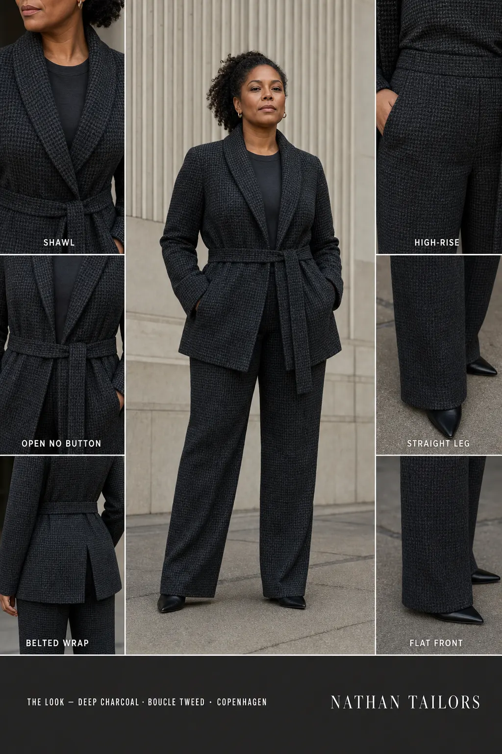 belted wrap houndstooth women's pant suit in deep charcoal — AI-rendered by Nathan Tailors, made to measure for women and shipped worldwide.