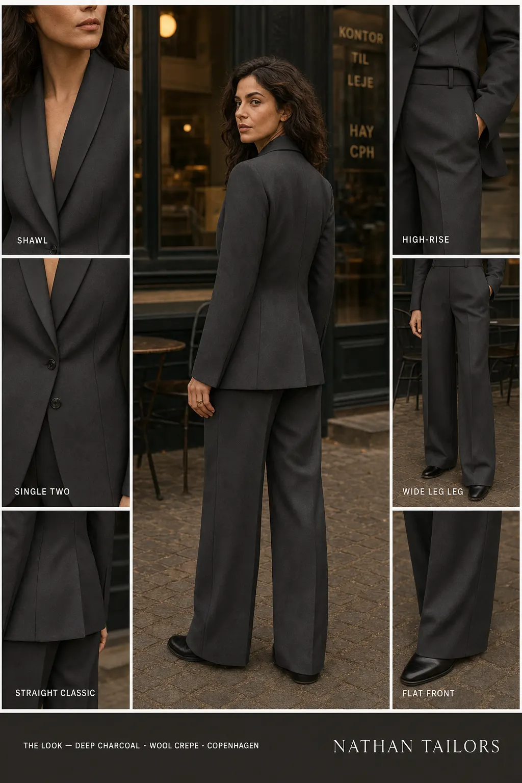 straight classic women's pant suit in deep charcoal — AI-rendered by Nathan Tailors, made to measure for women and shipped worldwide.