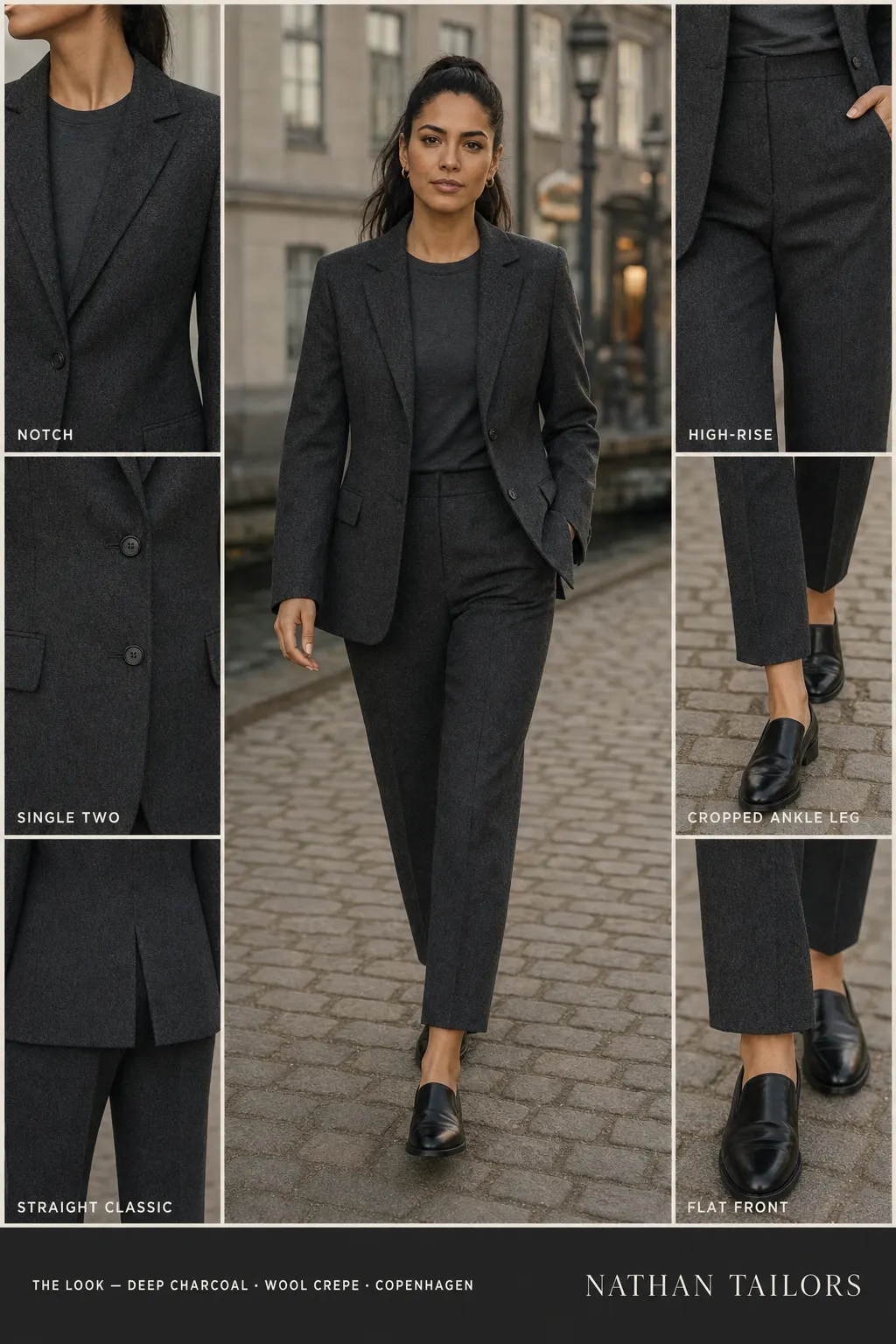 straight classic tweed texture women's pant suit in deep charcoal — AI-rendered by Nathan Tailors, made to measure for women and shipped worldwide.