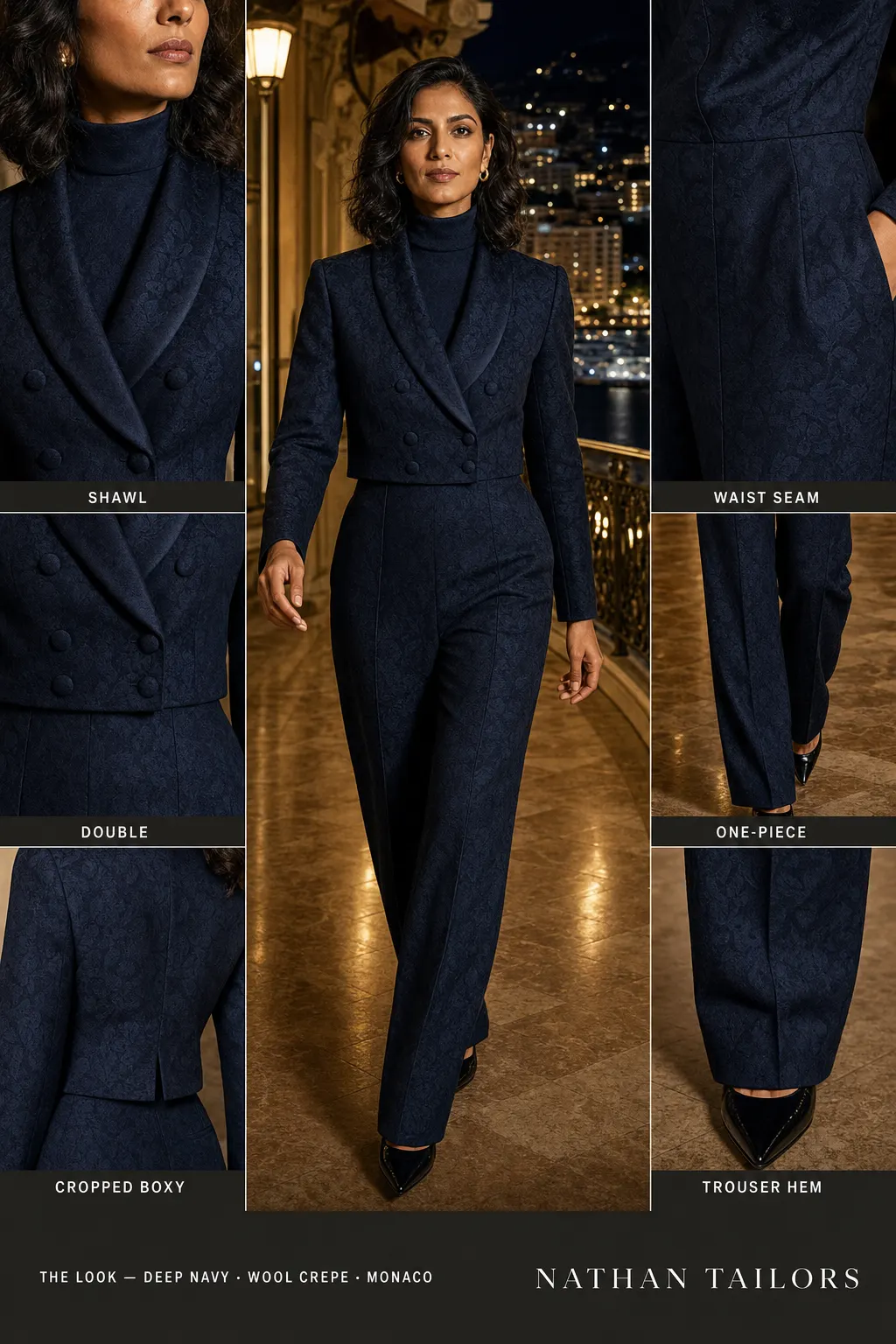 cropped boxy floral jacquard women's jumpsuit in deep navy — AI-rendered by Nathan Tailors, made to measure for women and shipped worldwide.