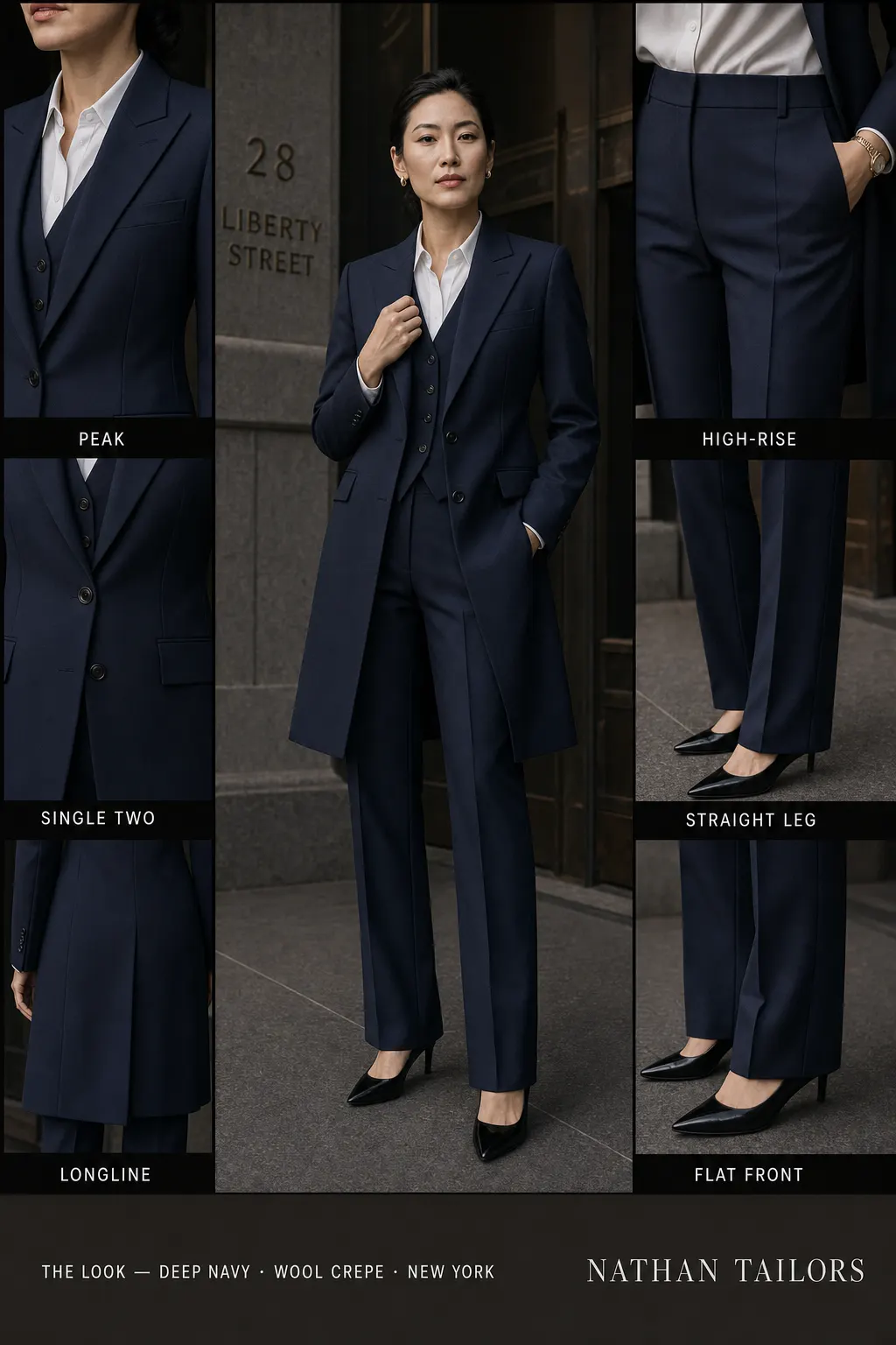 longline women's pant suit in deep navy — AI-rendered by Nathan Tailors, made to measure for women and shipped worldwide.