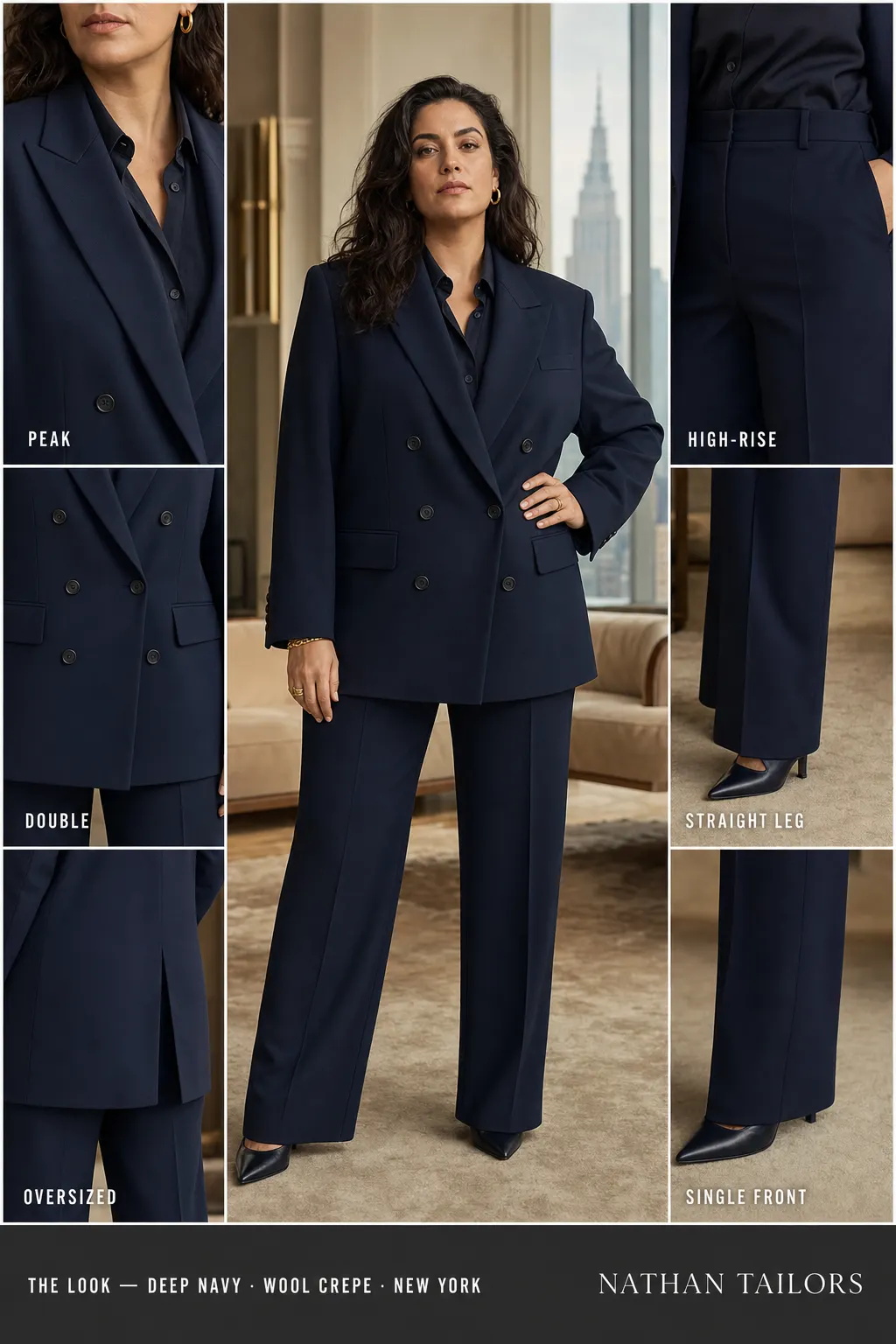 oversized women's pant suit in deep navy — AI-rendered by Nathan Tailors, made to measure for women and shipped worldwide.