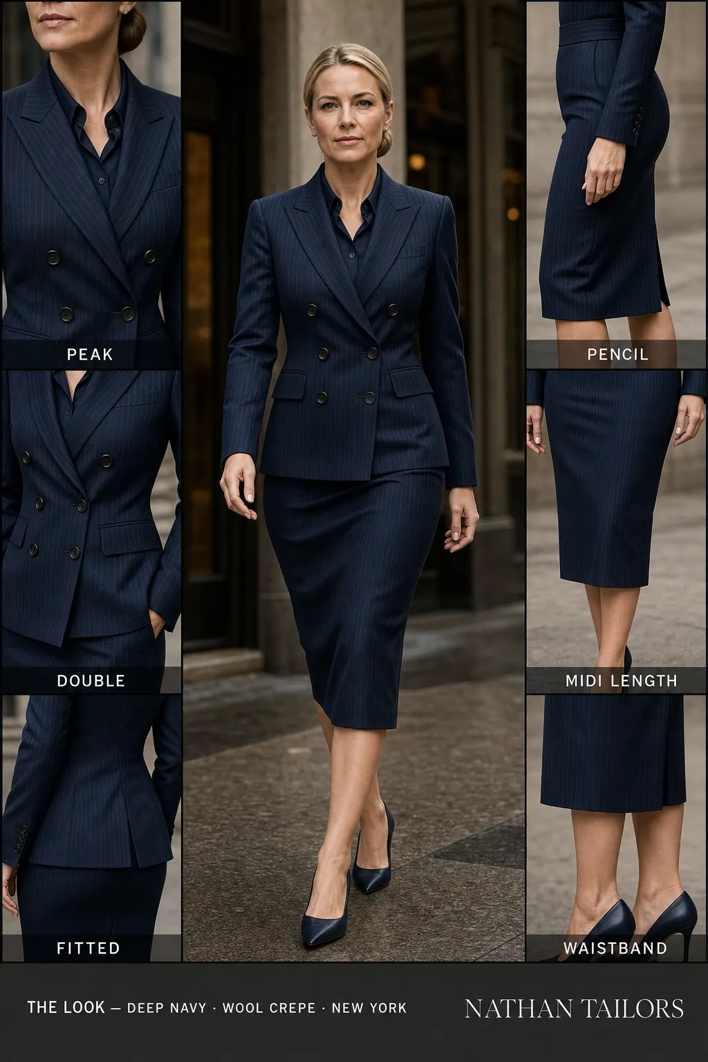 fitted pinstripe women's skirt suit in deep navy — AI-rendered by Nathan Tailors, made to measure for women and shipped worldwide.