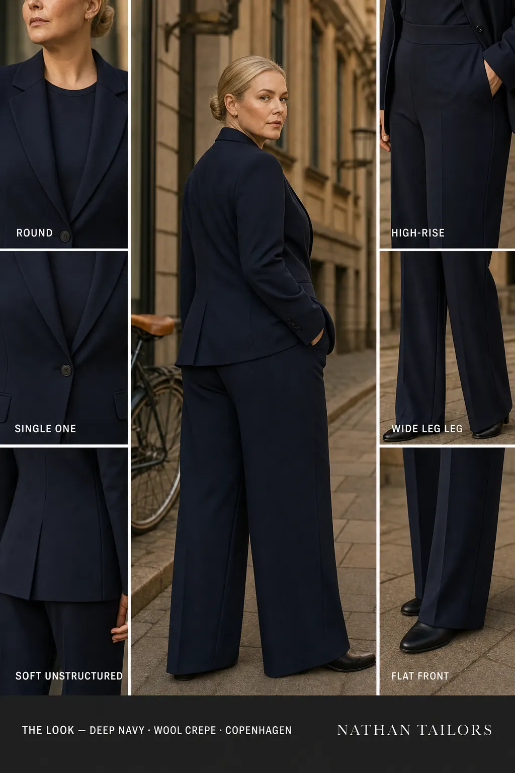 soft unstructured women's pant suit in deep navy — AI-rendered by Nathan Tailors, made to measure for women and shipped worldwide.