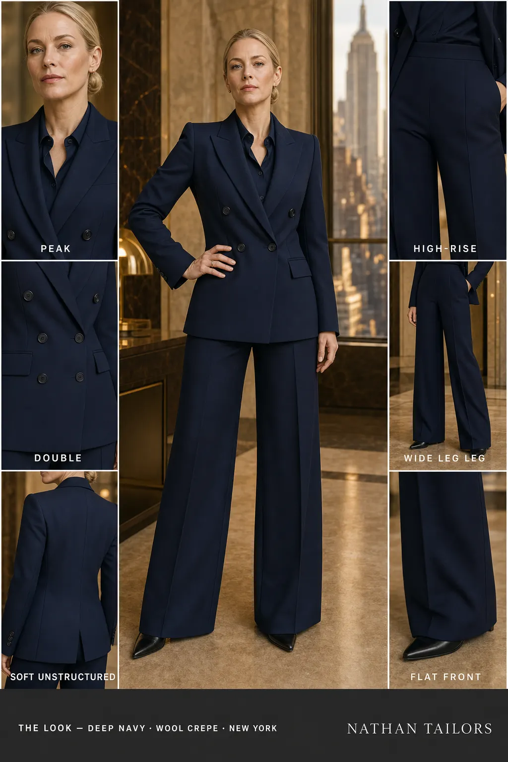 soft unstructured women's pant suit in deep navy — AI-rendered by Nathan Tailors, made to measure for women and shipped worldwide.