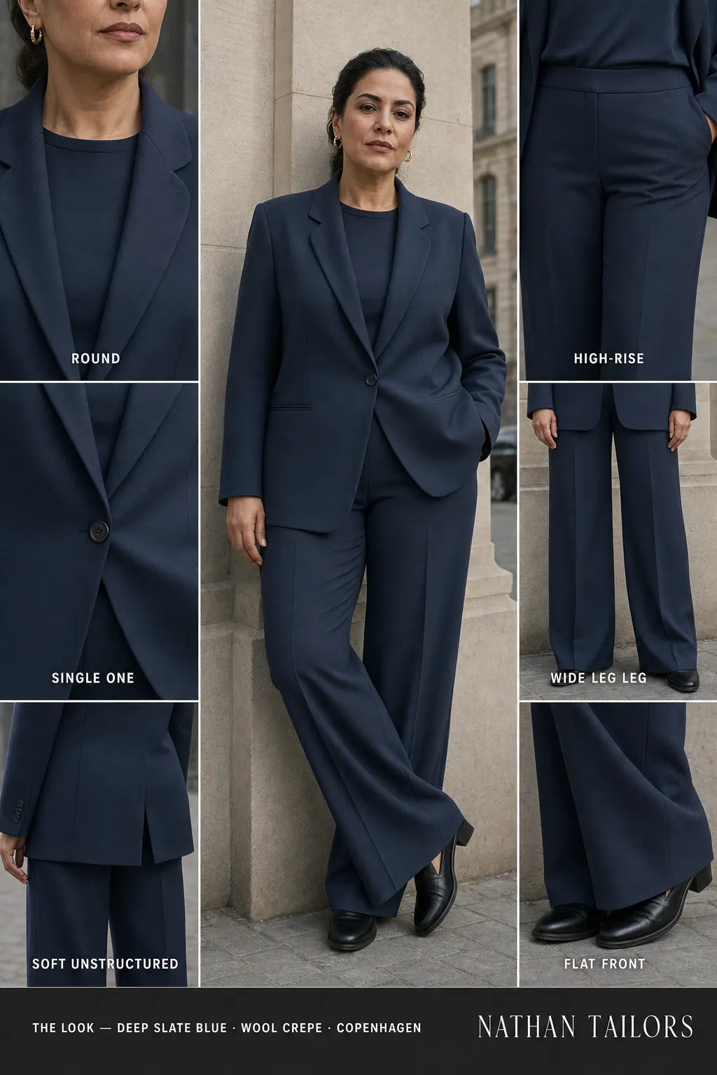 soft unstructured women's pant suit in deep slate blue — AI-rendered by Nathan Tailors, made to measure for women and shipped worldwide.