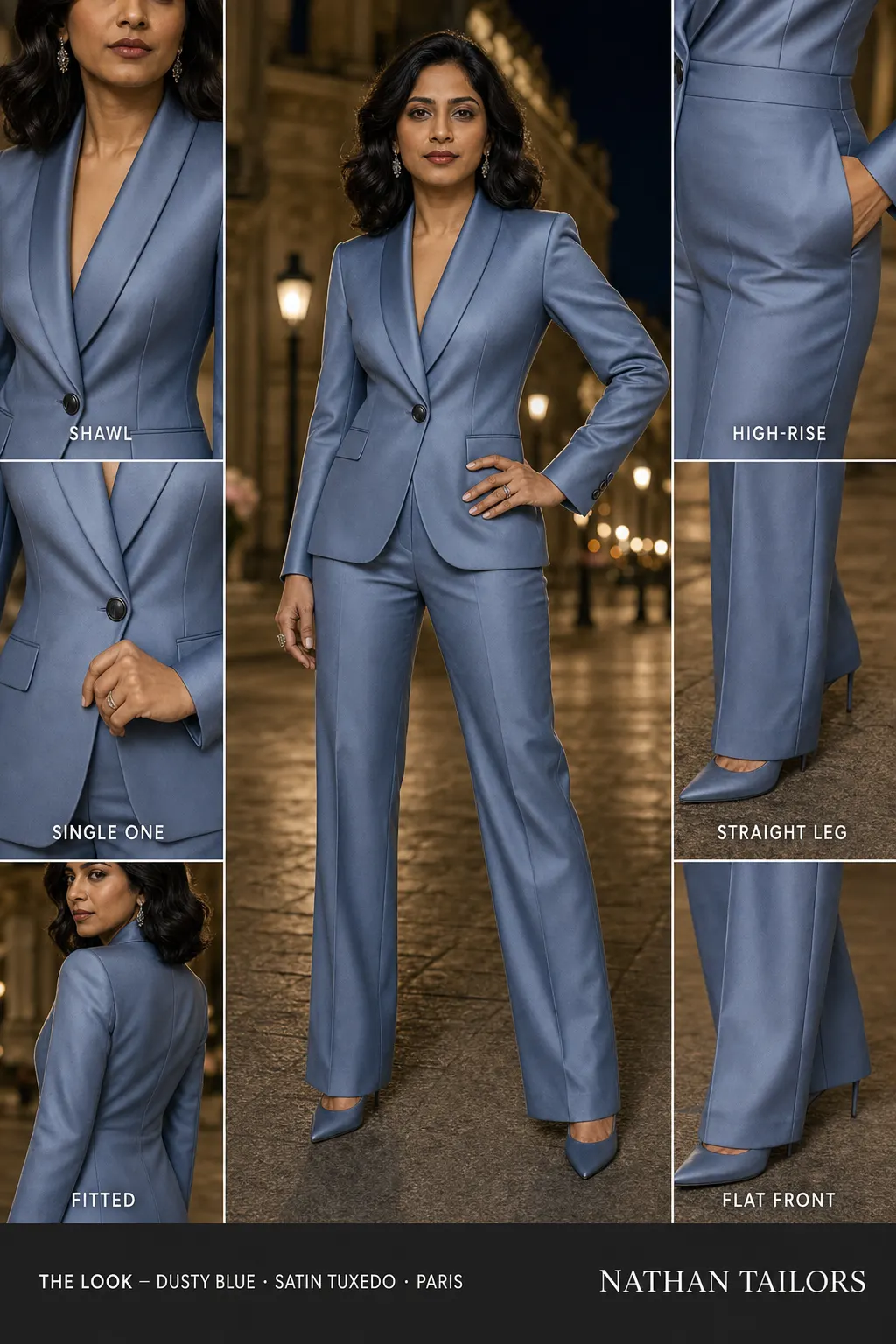 fitted women's pant suit in dusty blue — AI-rendered by Nathan Tailors, made to measure for women and shipped worldwide.