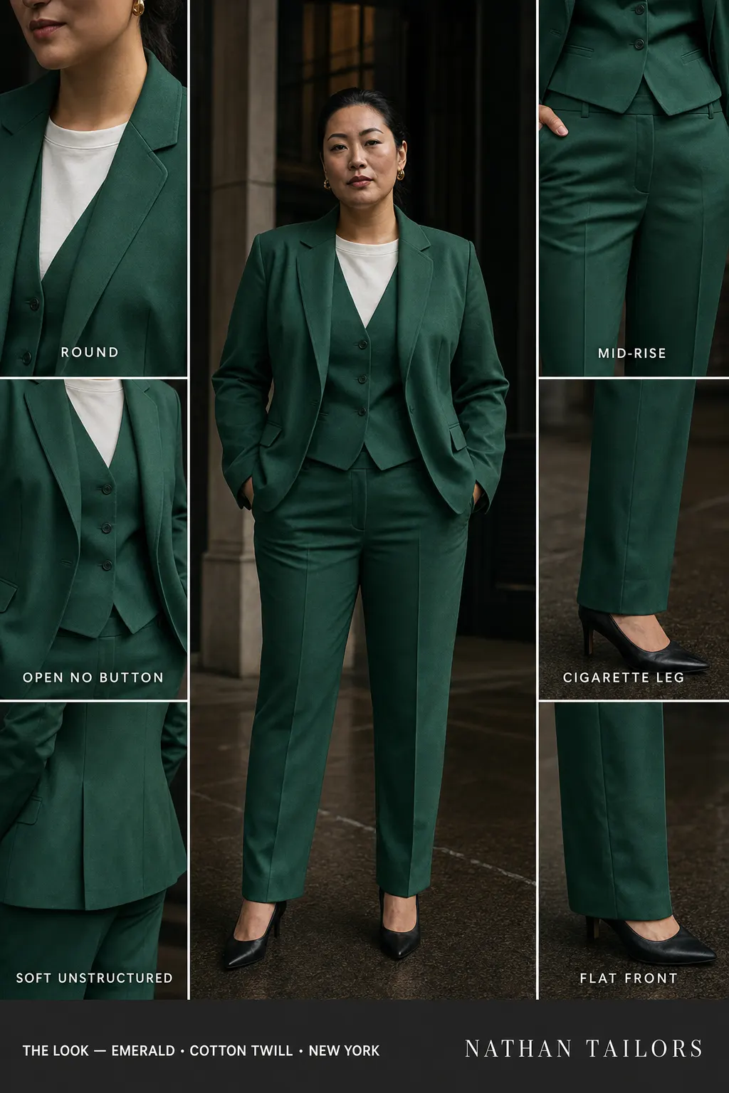 soft unstructured women's pant suit in emerald — AI-rendered by Nathan Tailors, made to measure for women and shipped worldwide.