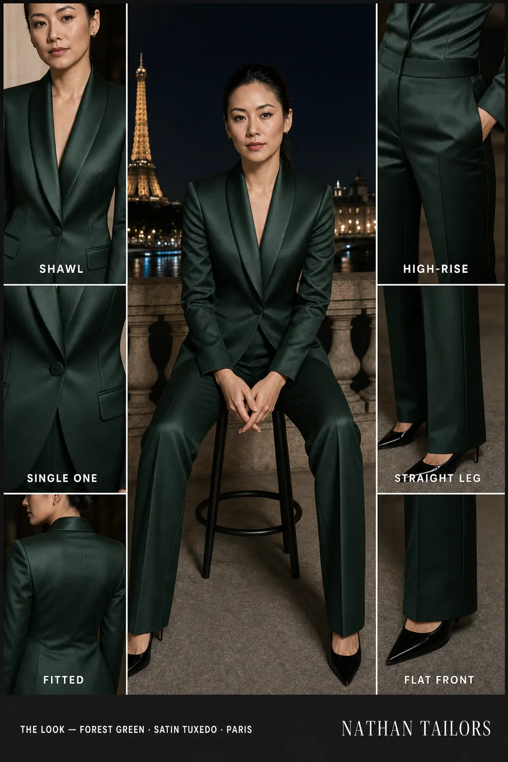 fitted women's pant suit in forest green — AI-rendered by Nathan Tailors, made to measure for women and shipped worldwide.