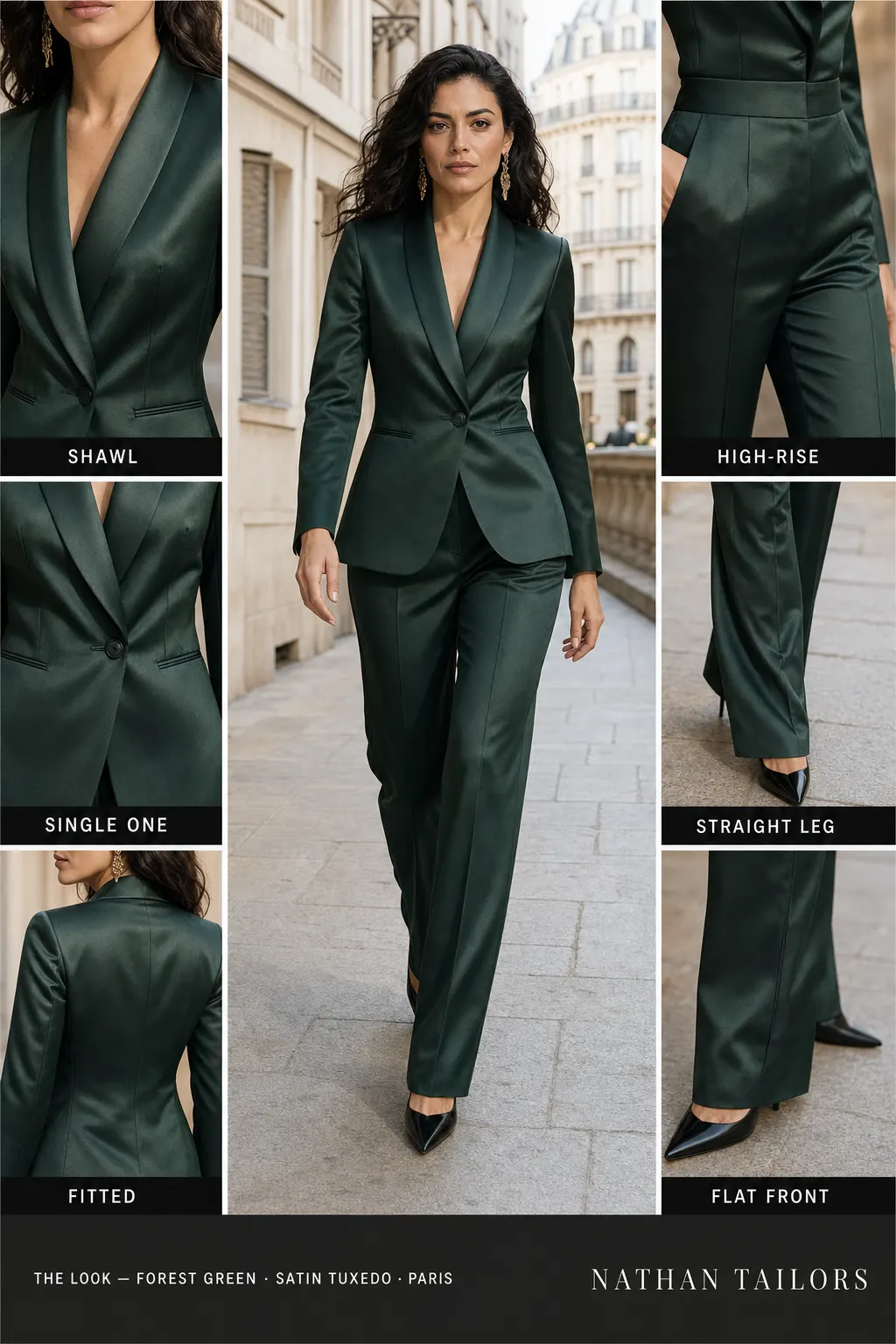 fitted women's pant suit in forest green — AI-rendered by Nathan Tailors, made to measure for women and shipped worldwide.