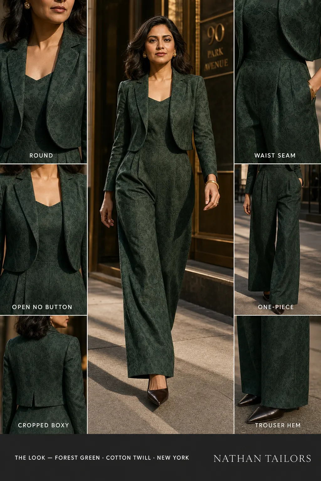 cropped boxy floral jacquard women's jumpsuit in forest green — AI-rendered by Nathan Tailors, made to measure for women and shipped worldwide.