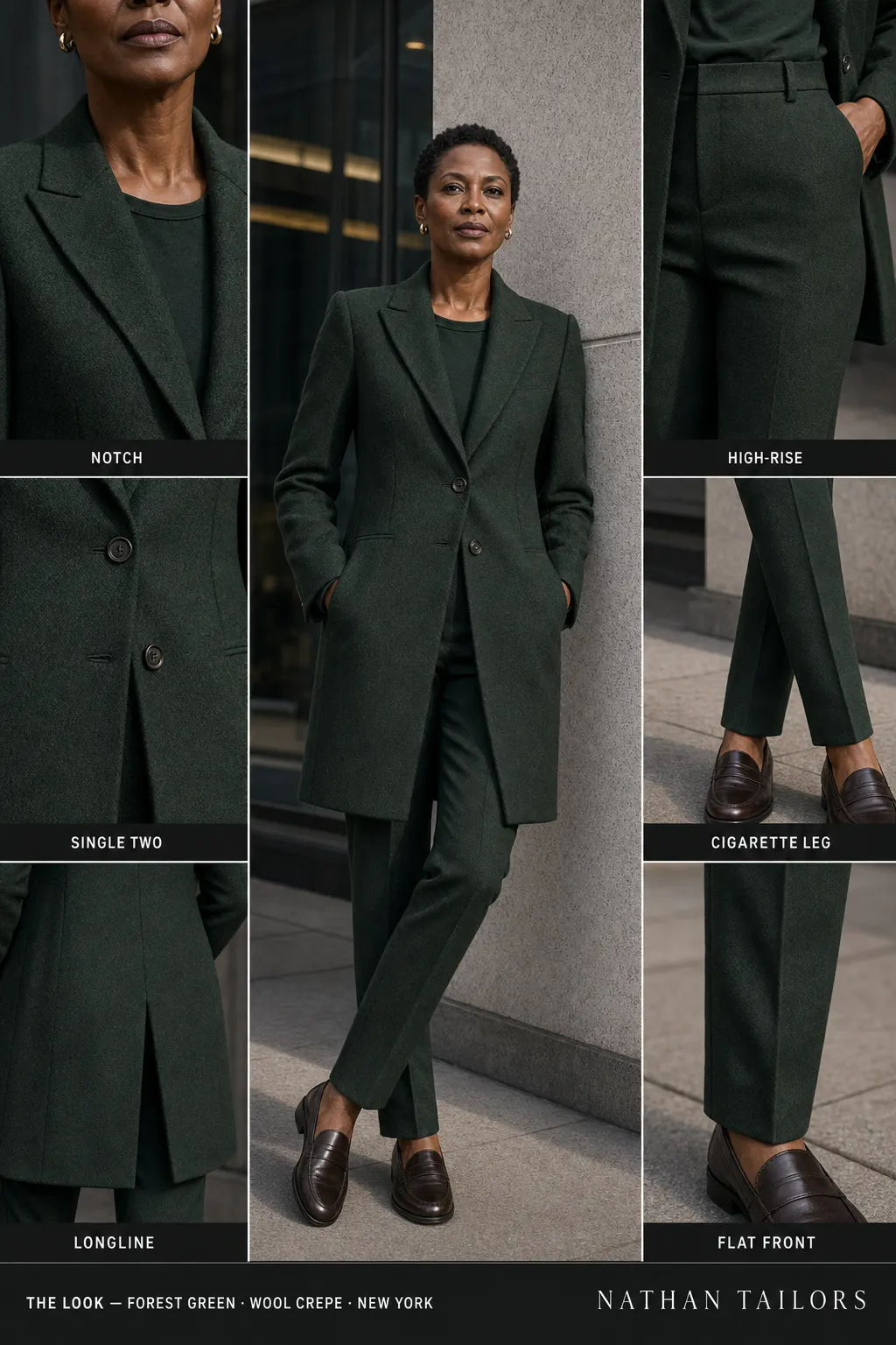 longline tweed texture women's pant suit in forest green — AI-rendered by Nathan Tailors, made to measure for women and shipped worldwide.