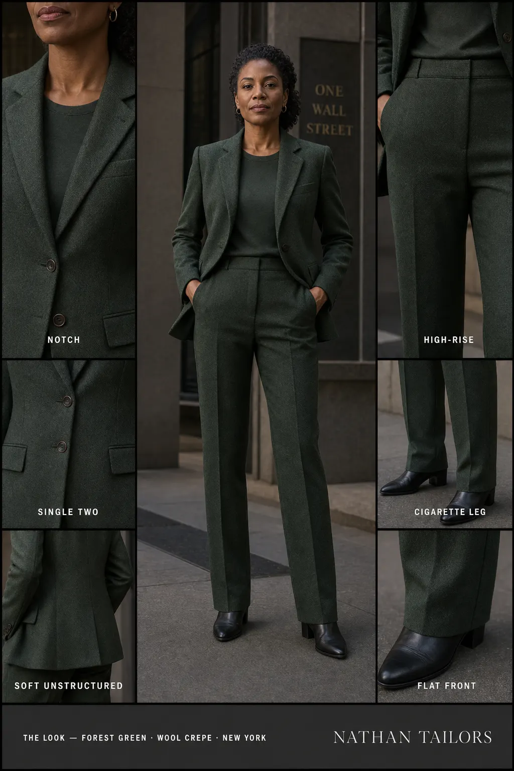 soft unstructured tweed texture women's pant suit in forest green — AI-rendered by Nathan Tailors, made to measure for women and shipped worldwide.