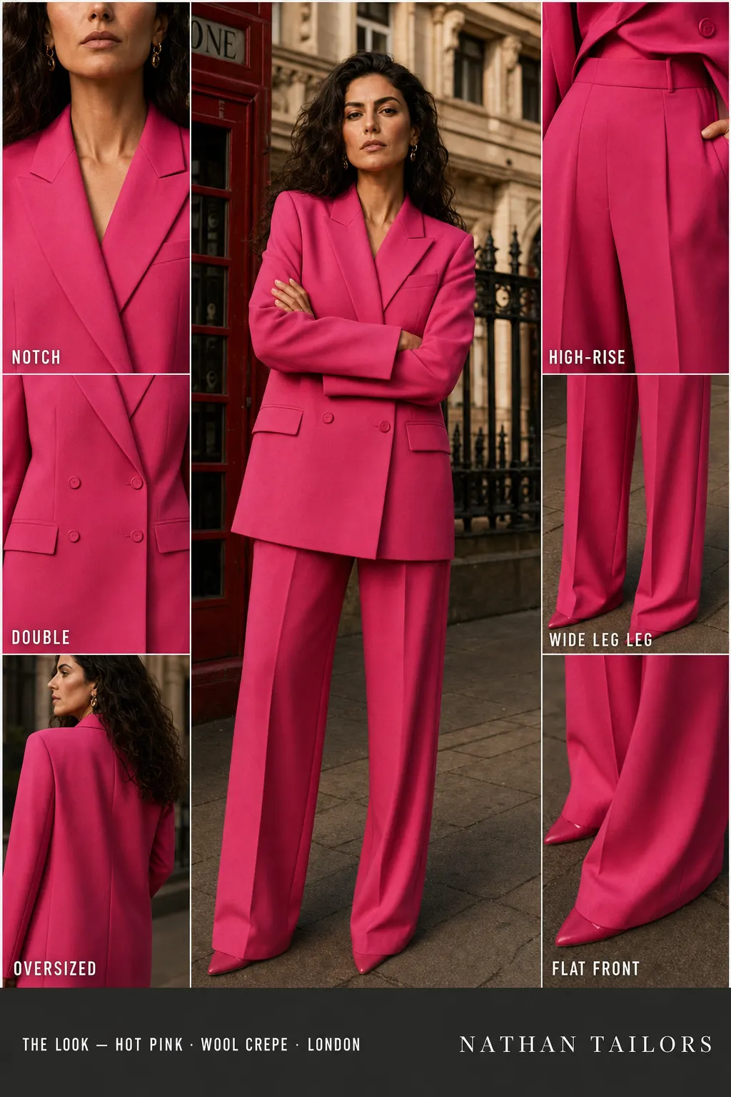 oversized women's pant suit in hot pink — AI-rendered by Nathan Tailors, made to measure for women and shipped worldwide.