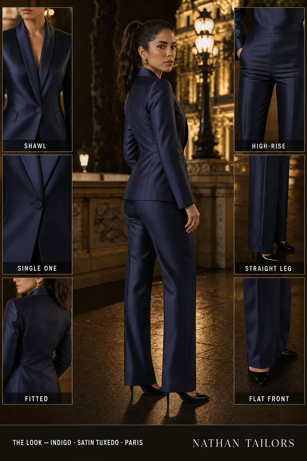 fitted women's pant suit in indigo — AI-rendered by Nathan Tailors, made to measure for women and shipped worldwide.