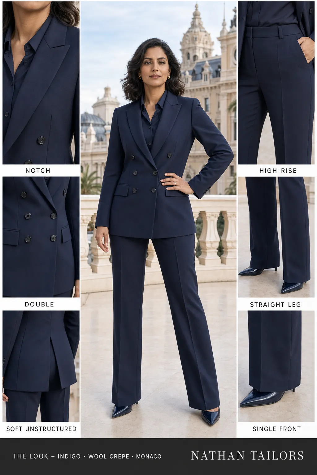 soft unstructured women's pant suit in indigo — AI-rendered by Nathan Tailors, made to measure for women and shipped worldwide.