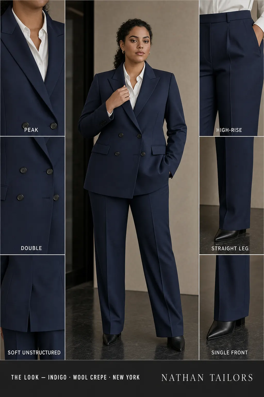 soft unstructured women's pant suit in indigo — AI-rendered by Nathan Tailors, made to measure for women and shipped worldwide.
