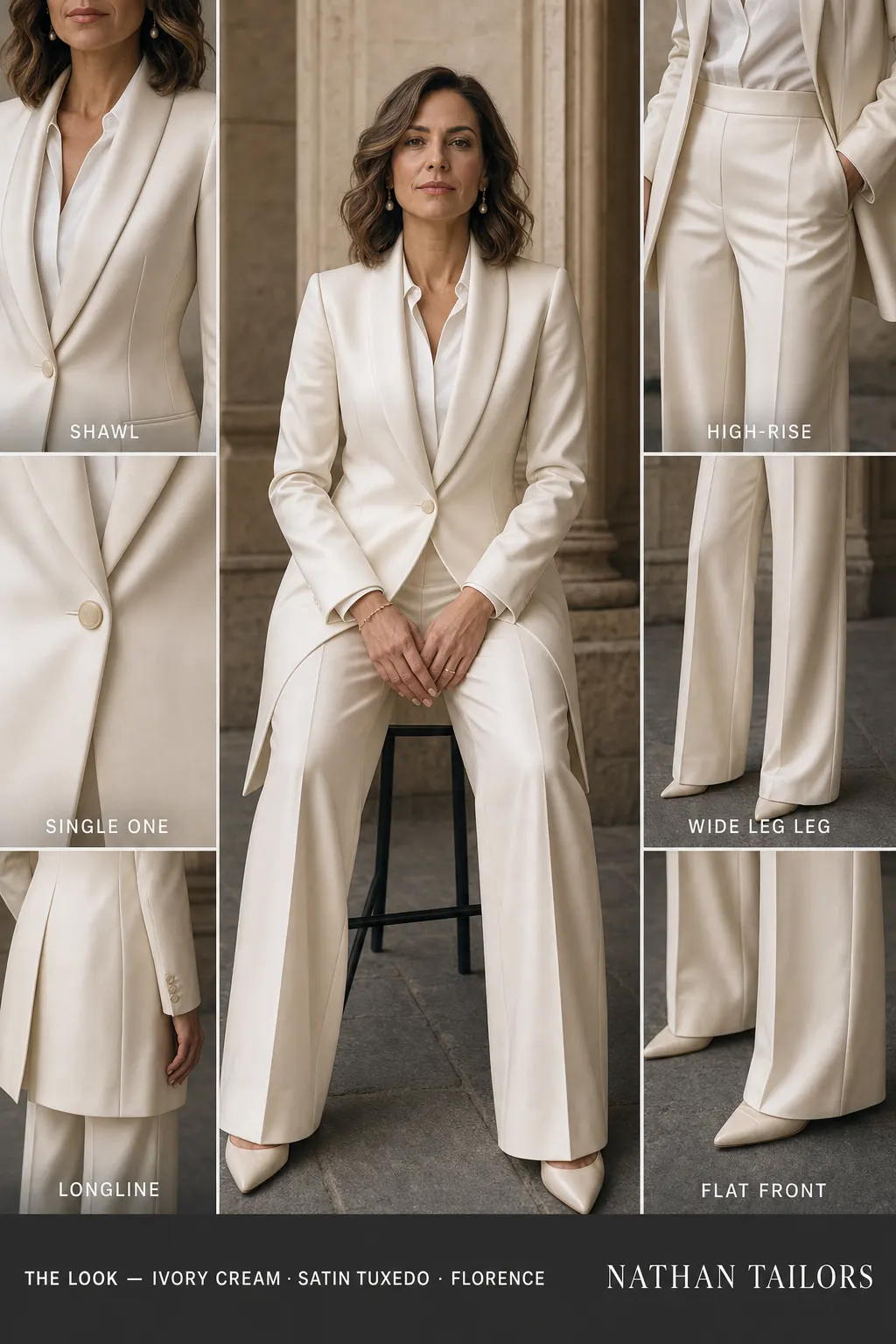 longline women's pant suit in ivory cream — AI-rendered by Nathan Tailors, made to measure for women and shipped worldwide.
