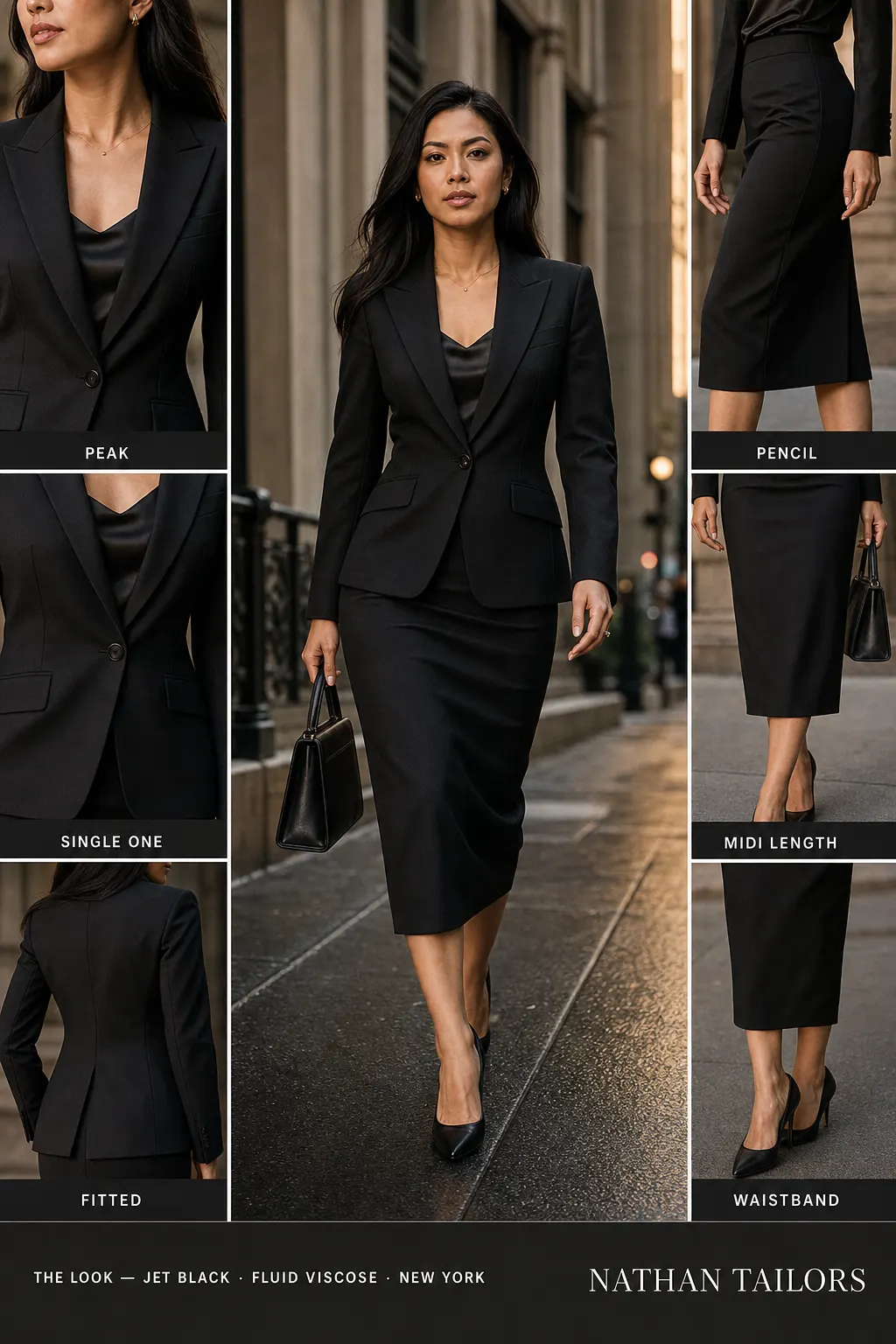 fitted women's skirt suit in jet black — AI-rendered by Nathan Tailors, made to measure for women and shipped worldwide.