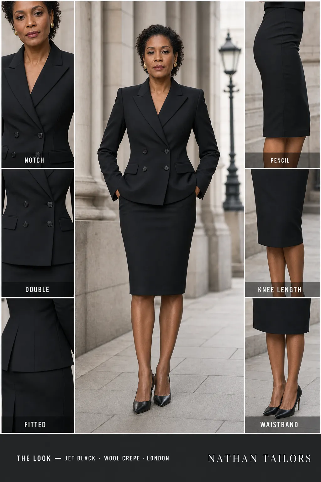 fitted women's skirt suit in jet black — AI-rendered by Nathan Tailors, made to measure for women and shipped worldwide.