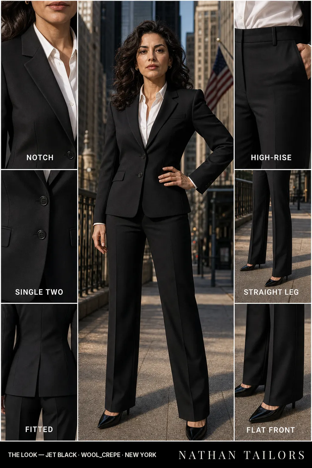 fitted women's pant suit in jet black — AI-rendered by Nathan Tailors, made to measure for women and shipped worldwide.