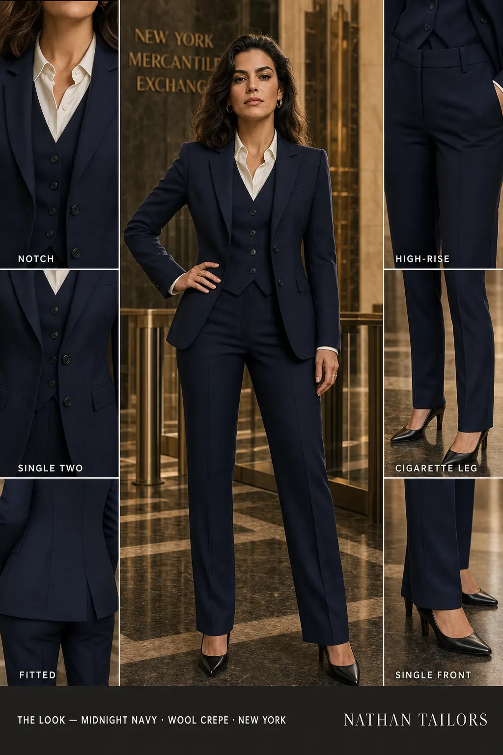 fitted women's pant suit in midnight navy — AI-rendered by Nathan Tailors, made to measure for women and shipped worldwide.