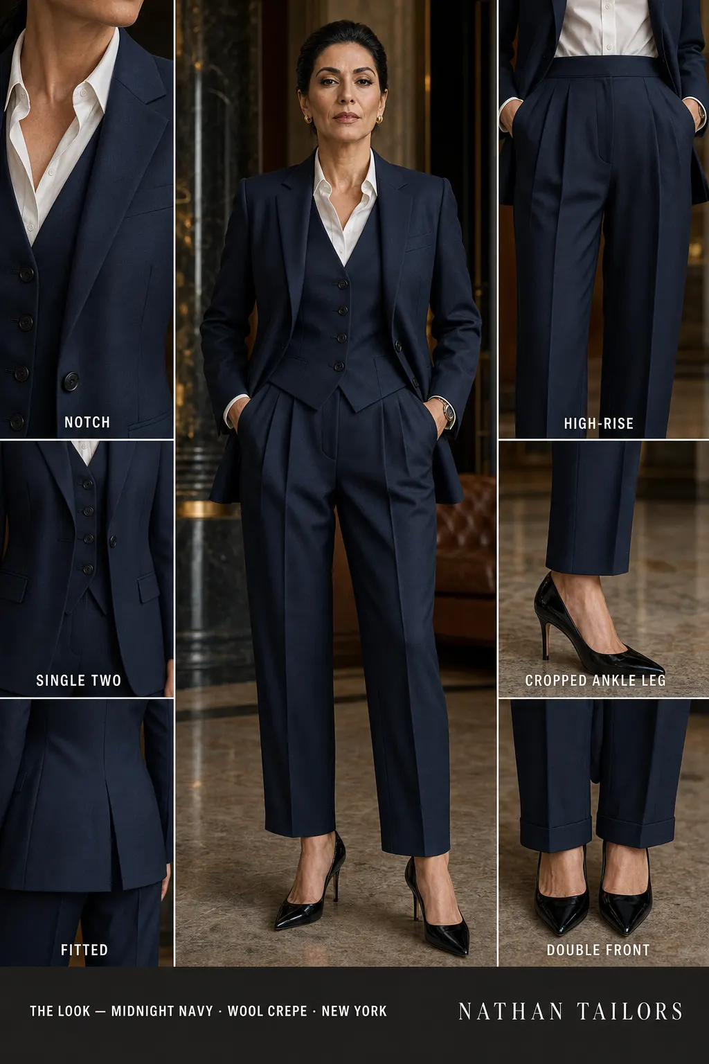 fitted women's pant suit in midnight navy — AI-rendered by Nathan Tailors, made to measure for women and shipped worldwide.