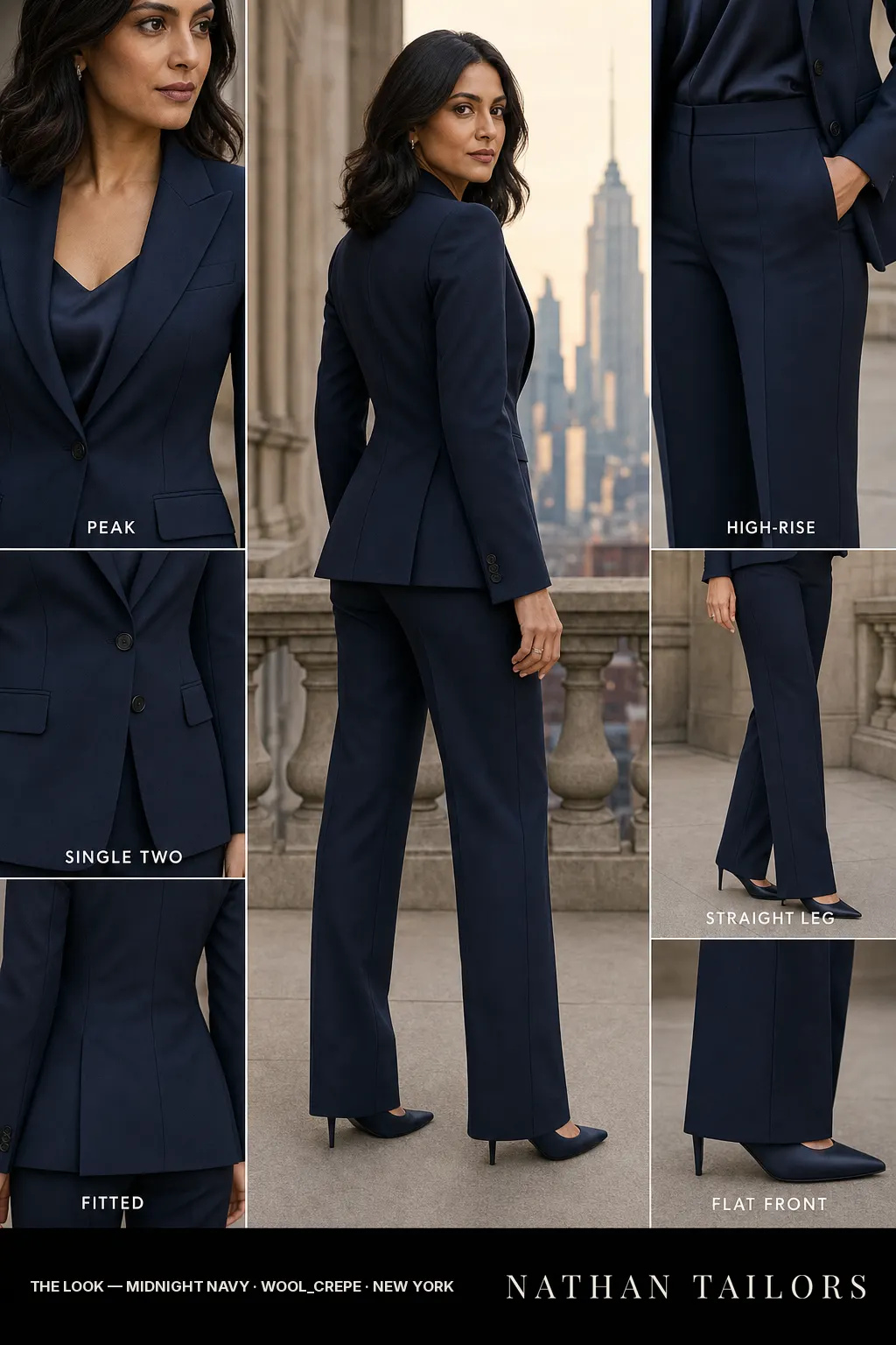 fitted women's pant suit in midnight navy — AI-rendered by Nathan Tailors, made to measure for women and shipped worldwide.