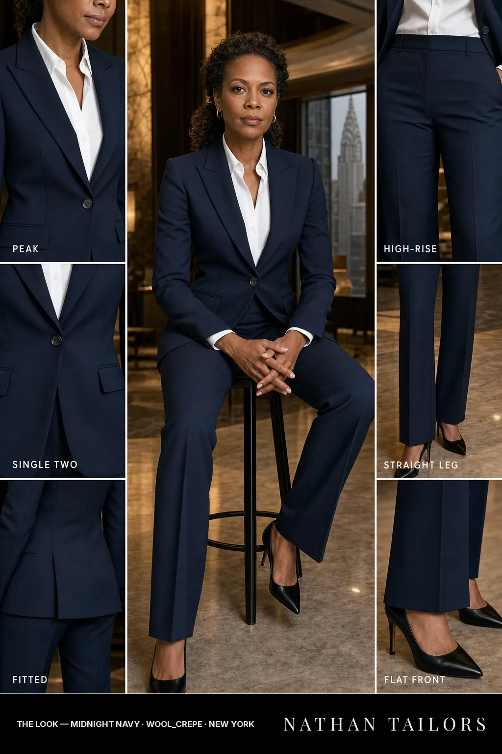 fitted women's pant suit in midnight navy — AI-rendered by Nathan Tailors, made to measure for women and shipped worldwide.