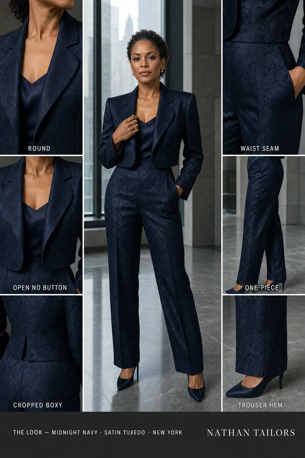 cropped boxy floral jacquard women's jumpsuit in midnight navy — AI-rendered by Nathan Tailors, made to measure for women and shipped worldwide.
