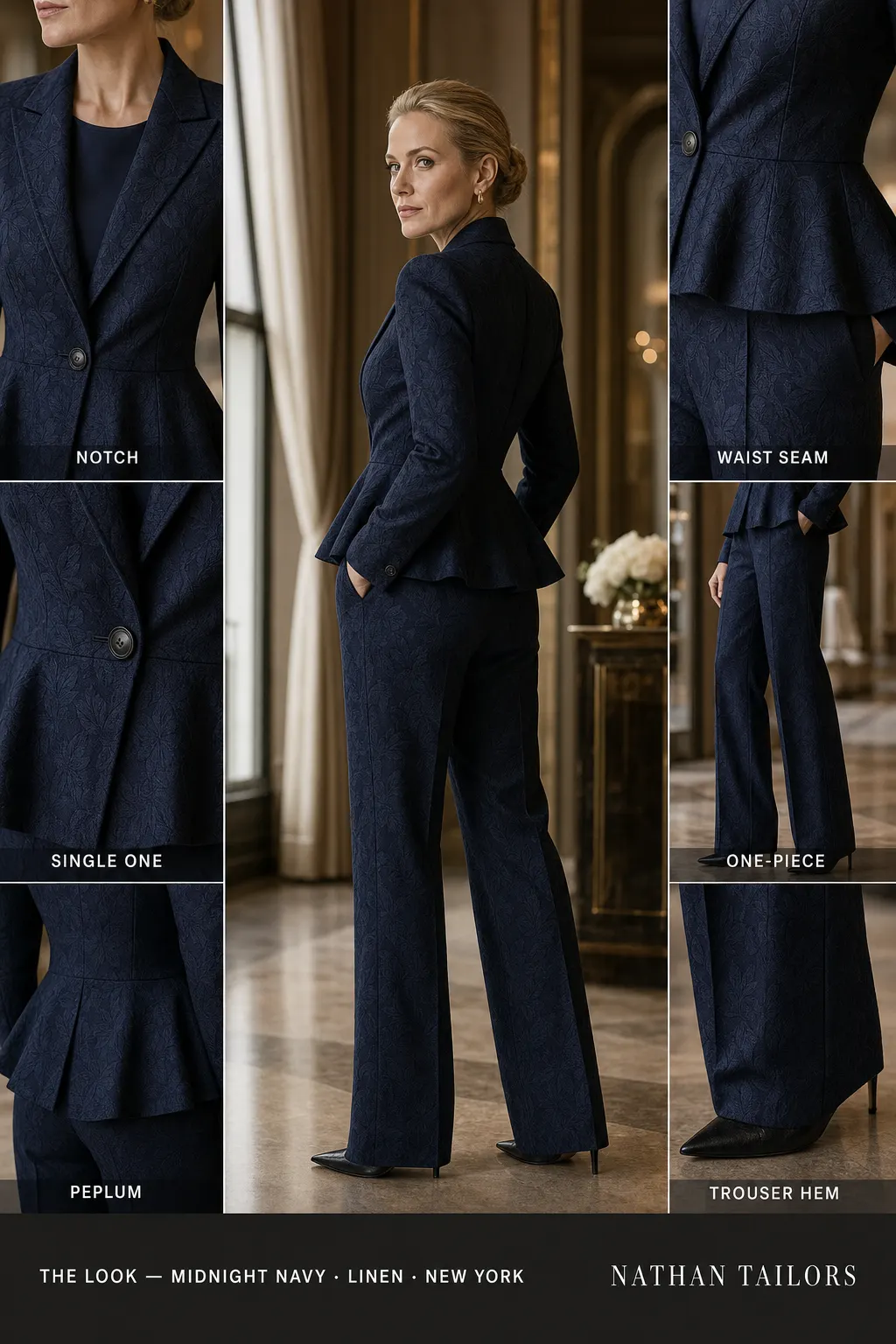 peplum floral jacquard women's jumpsuit in midnight navy — AI-rendered by Nathan Tailors, made to measure for women and shipped worldwide.