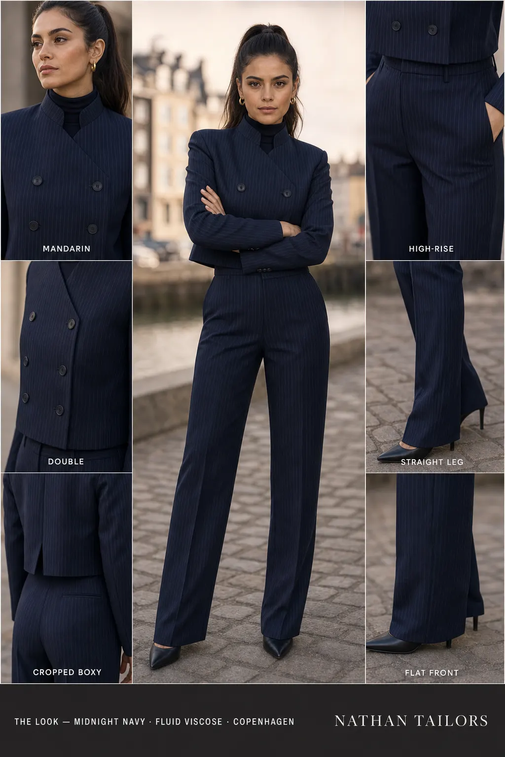 cropped boxy pinstripe women's pant suit in midnight navy — AI-rendered by Nathan Tailors, made to measure for women and shipped worldwide.