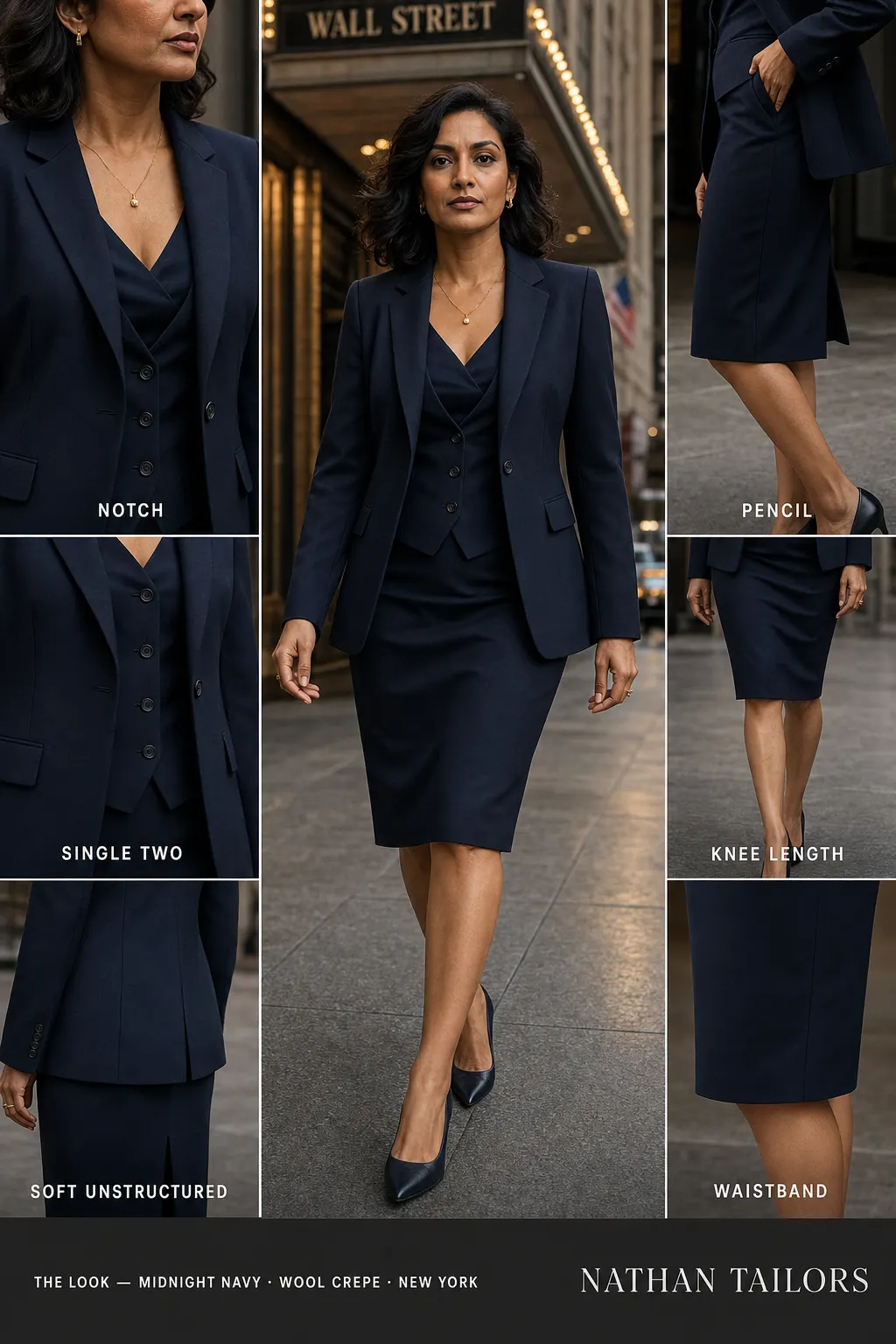 soft unstructured women's skirt suit in midnight navy — AI-rendered by Nathan Tailors, made to measure for women and shipped worldwide.