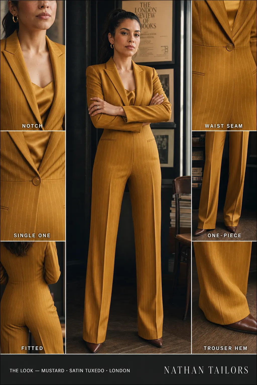 fitted pinstripe women's jumpsuit in mustard — AI-rendered by Nathan Tailors, made to measure for women and shipped worldwide.