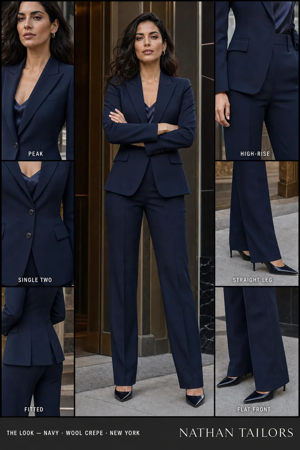 fitted women's pant suit in navy — AI-rendered by Nathan Tailors, made to measure for women and shipped worldwide.