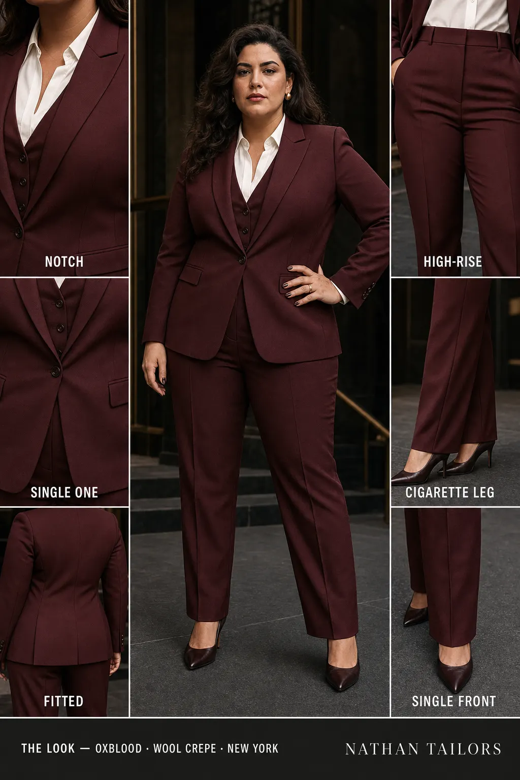 fitted women's pant suit in oxblood — AI-rendered by Nathan Tailors, made to measure for women and shipped worldwide.