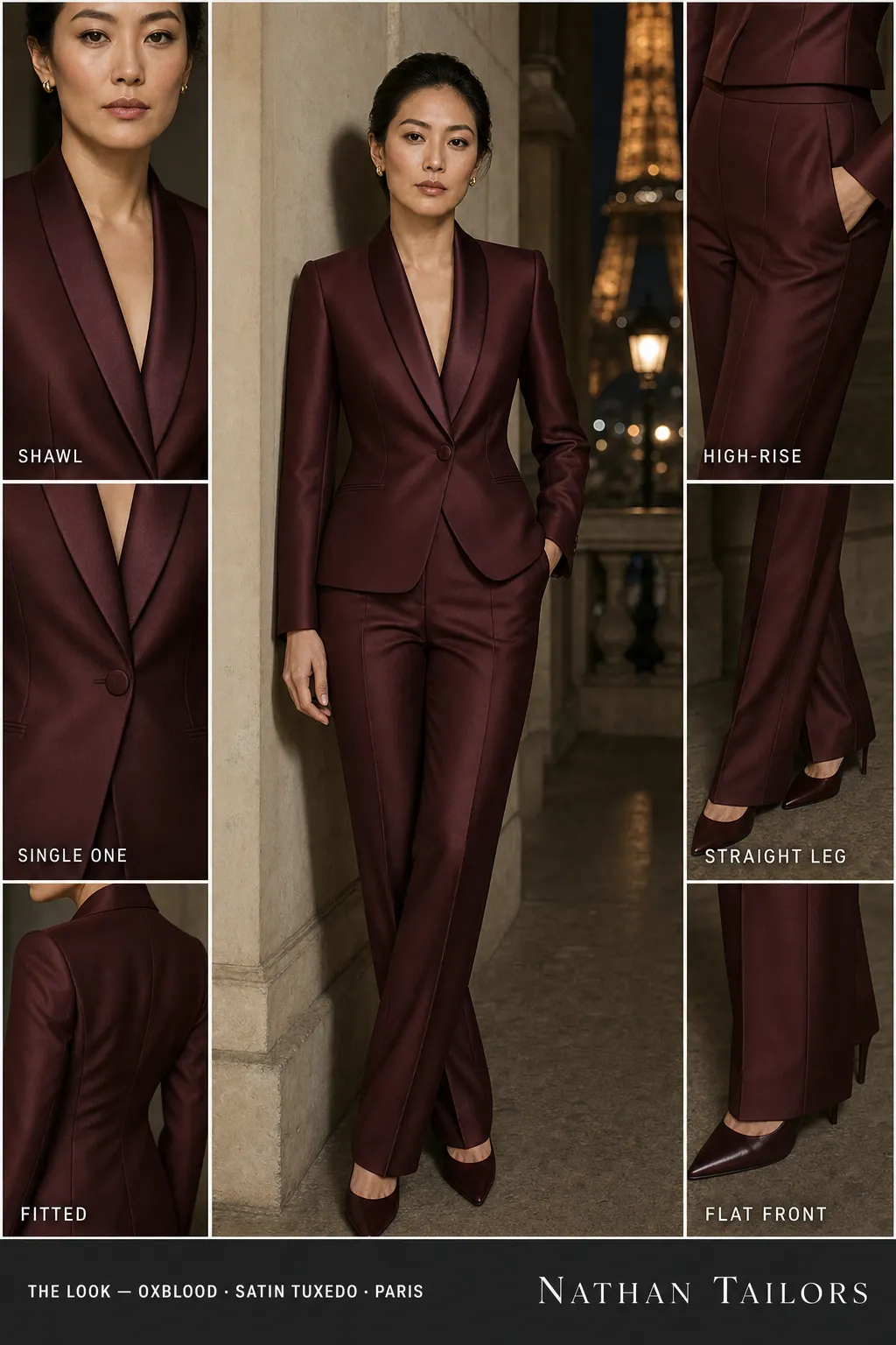 fitted women's pant suit in oxblood — AI-rendered by Nathan Tailors, made to measure for women and shipped worldwide.
