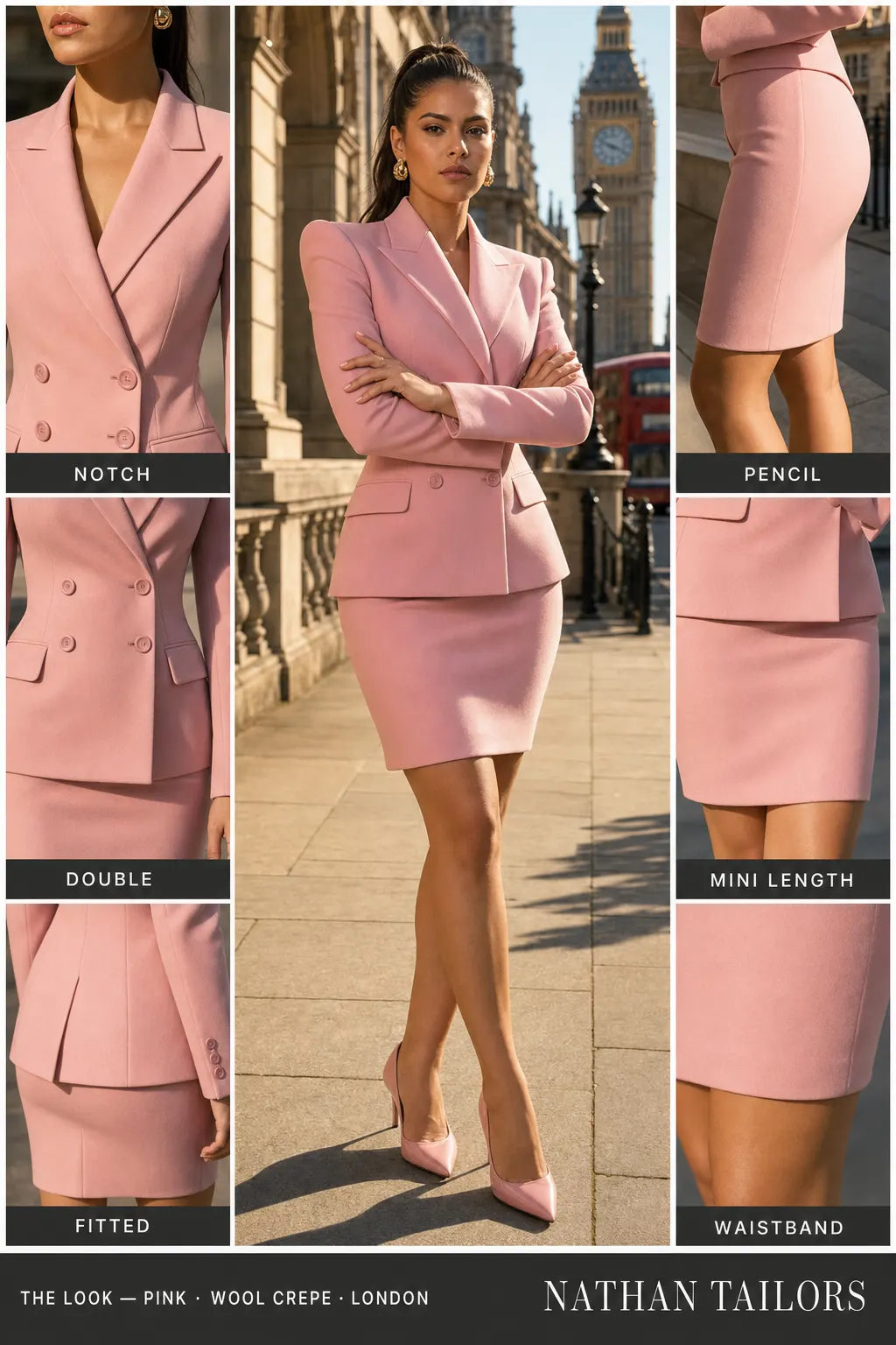 fitted women's skirt suit in pink — AI-rendered by Nathan Tailors, made to measure for women and shipped worldwide.