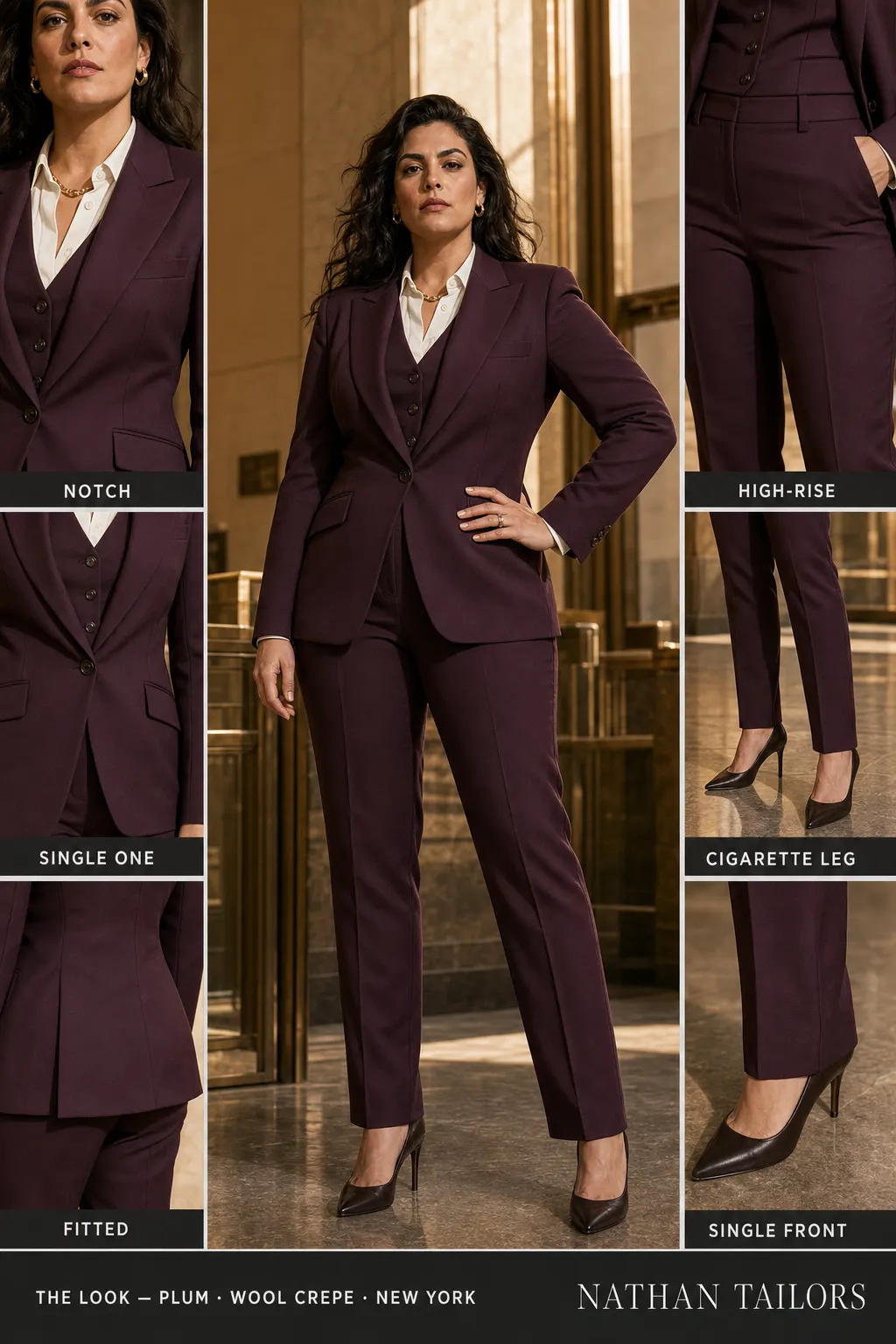 fitted women's pant suit in plum — AI-rendered by Nathan Tailors, made to measure for women and shipped worldwide.