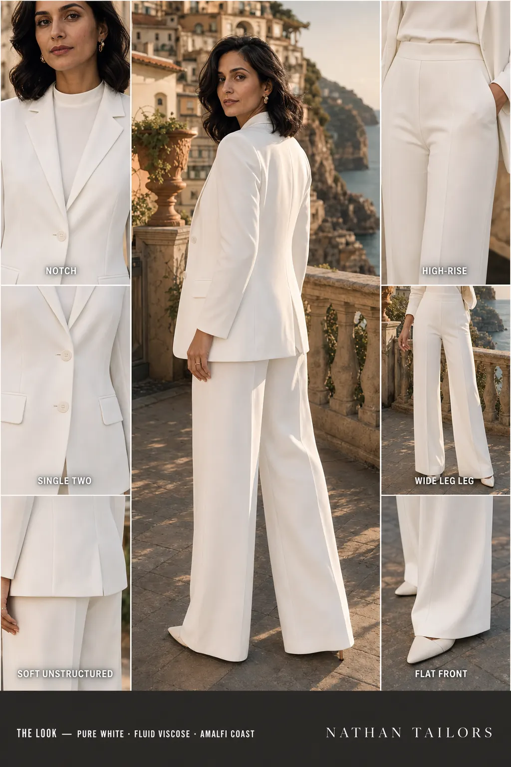 soft unstructured women's pant suit in pure white — AI-rendered by Nathan Tailors, made to measure for women and shipped worldwide.
