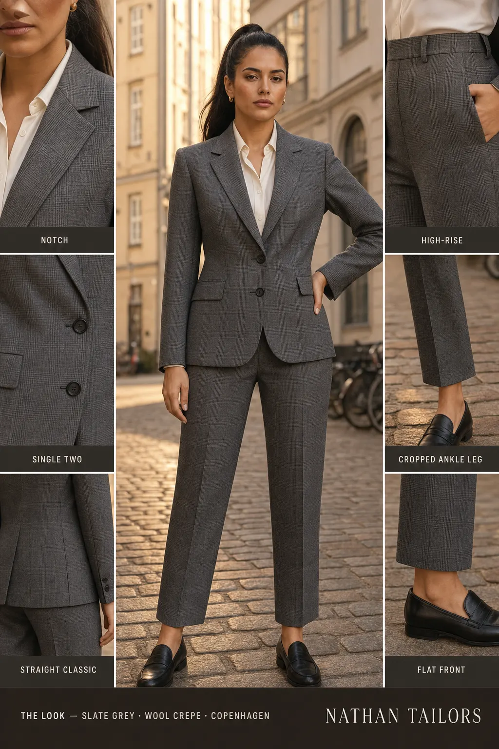 straight classic check plaid women's pant suit in slate grey — AI-rendered by Nathan Tailors, made to measure for women and shipped worldwide.
