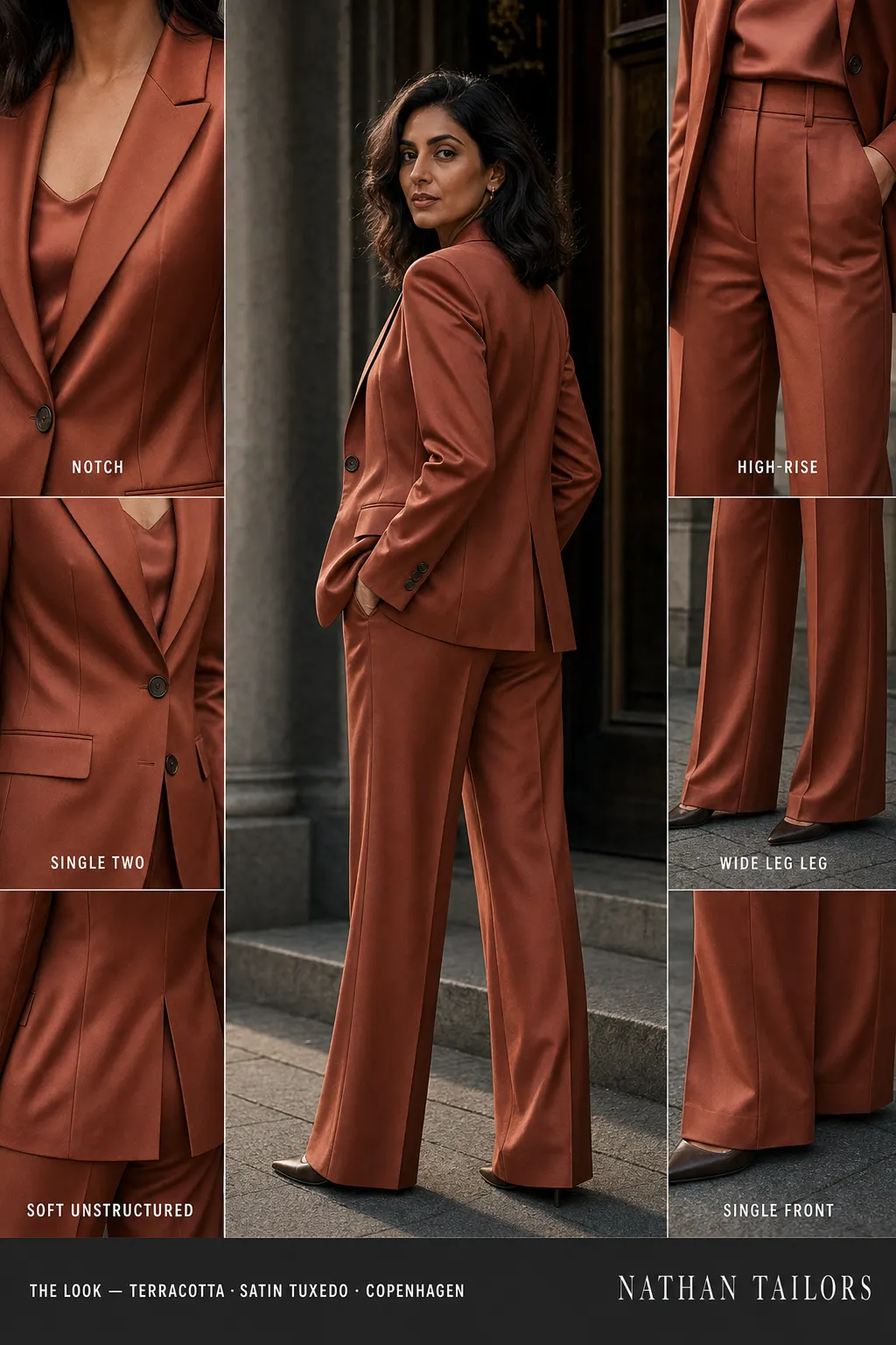 soft unstructured women's pant suit in terracotta — AI-rendered by Nathan Tailors, made to measure for women and shipped worldwide.