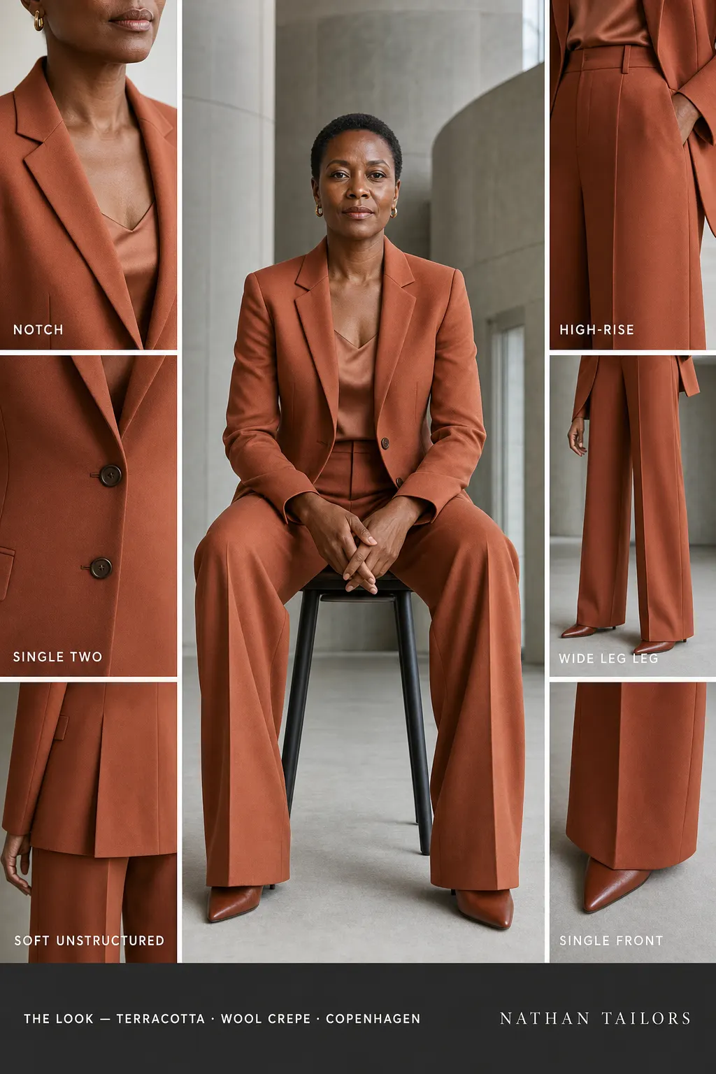soft unstructured women's pant suit in terracotta — AI-rendered by Nathan Tailors, made to measure for women and shipped worldwide.