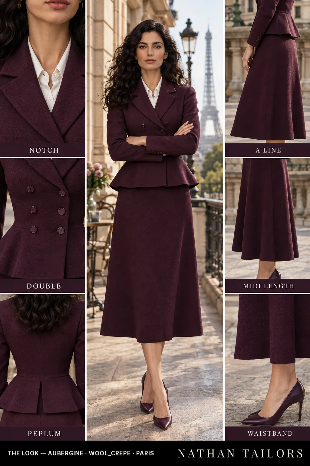 peplum women's skirt suit in aubergine — AI-rendered by Nathan Tailors, made to measure for women and shipped worldwide.