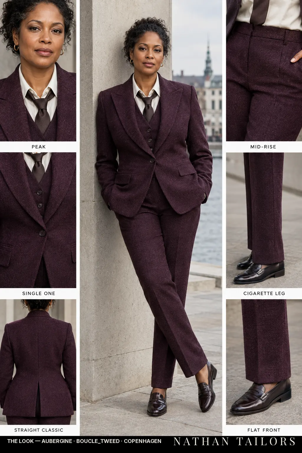 Women's suit in aubergine — custom tailored by Nathan Tailors, shipped worldwide