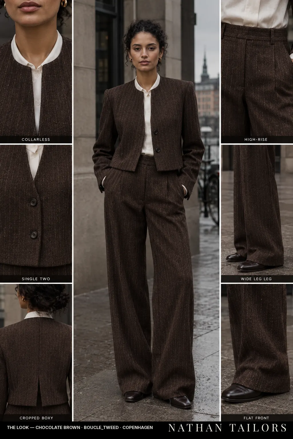 cropped boxy pinstripe women's pant suit in chocolate brown — AI-rendered by Nathan Tailors, made to measure for women and shipped worldwide.