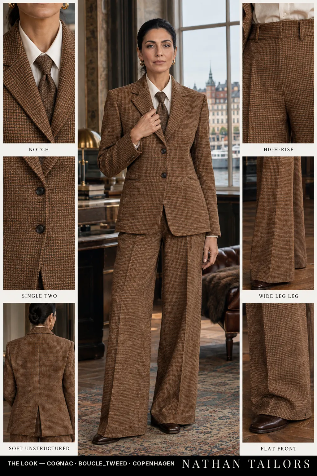 Women's suit in cognac houndstooth — custom tailored by Nathan Tailors, shipped worldwide